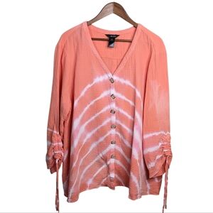 Ali Miles Tunic Top 3X Boho Tie Dye Stripe Peach Button Festival Relaxed